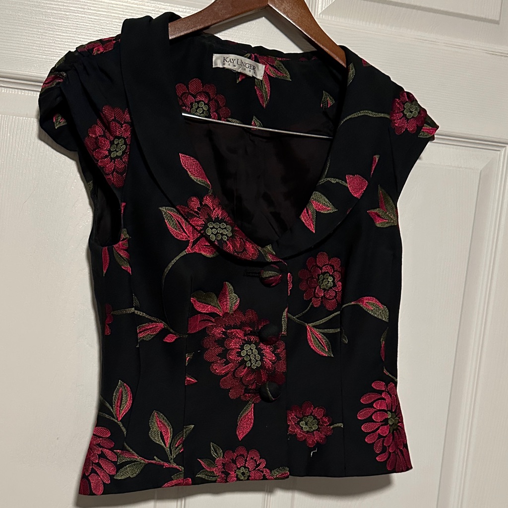 Kay Unger Black Top With Pink And Green Floral Vintage